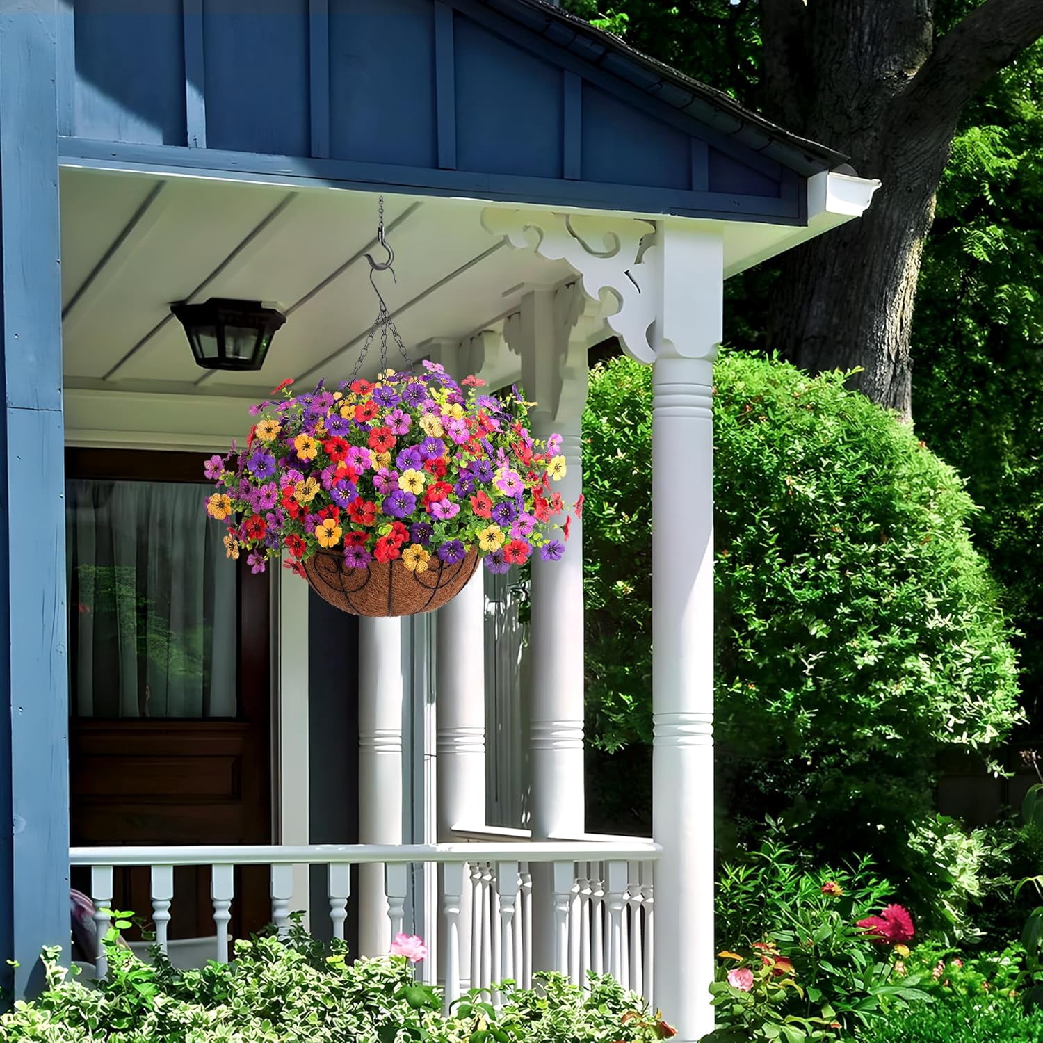 Artificial Flowers Hanging Basket for Outdoor Spring Summer Decor, Fake Silk Colorful Daisy Eucalyptus in 12" Metal Coconut Lining Pot Arrangement for Home Patio Yard Decor(Purple Red Yellow)