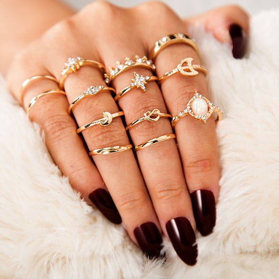 rygai 13Pcs/Set Fashion Ring Shining Rhinestone Crown Moon Star Knuckle Ring for Party,Golden