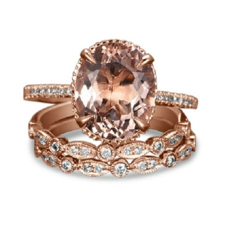 2 carat Morganite and Diamond Trio Ring Set in 10k Rose Gold with One Engagement Ring and 2 Wedding Bands
