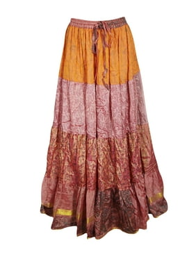 Mogul Women Full Flared Maxi Skirt Printed Orange Recycle Sari Casual Summer Bohemian Long Skirts ML