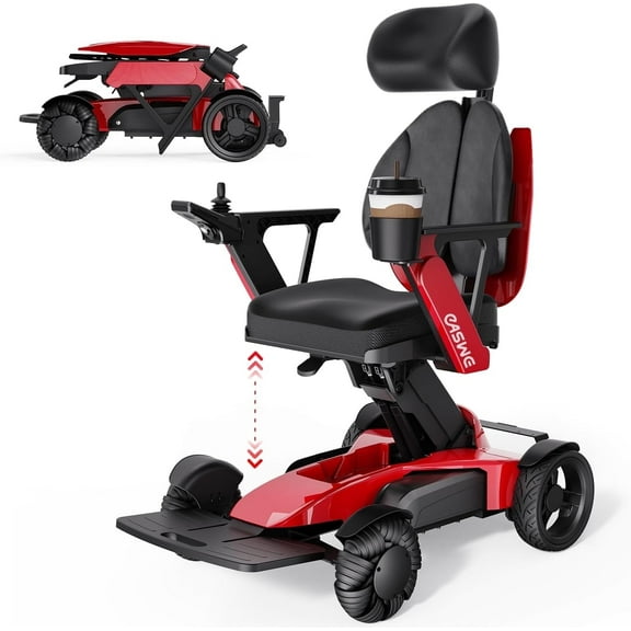 Foldable Electric Wheelchair for Adults, Manual Height-Adjustable Seat 15.7"–23.6" (Non-Electric Lift), 400W Brushless Motors, 3D Winged Backrest with Headrest (L10-Pro Red)
