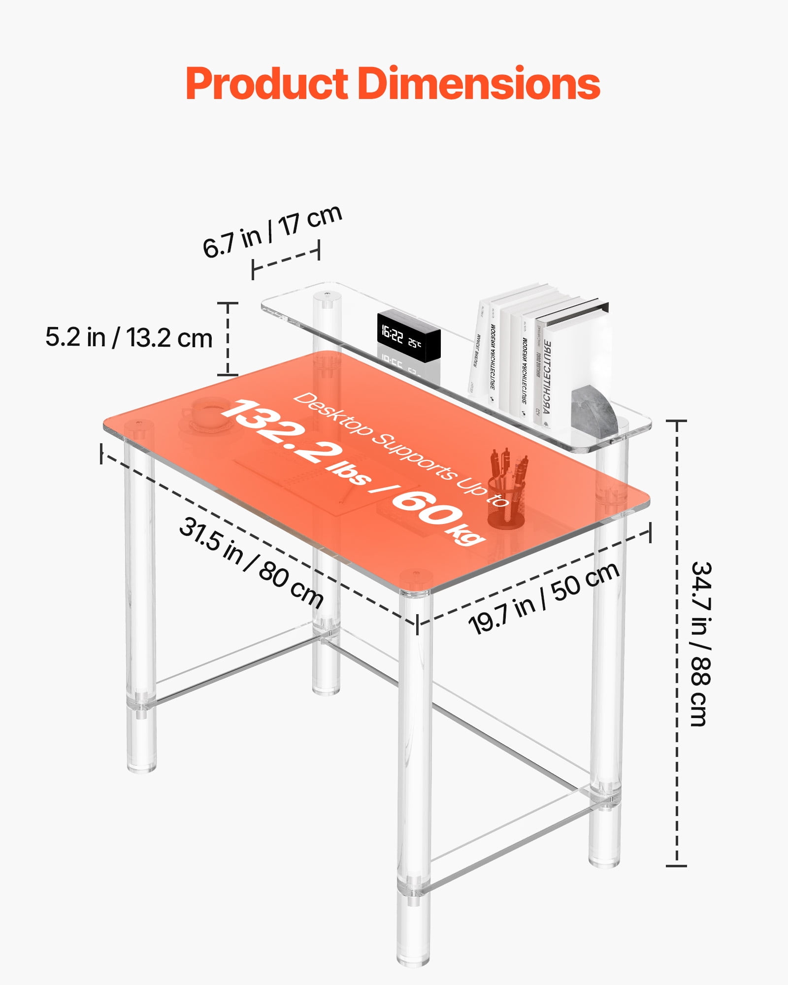 VEVOR Acrylic Table, 2 Tiers Clear Office Desk with Monitor Stand, Acrylic Study Computer Desk, Modern Side End Table Nightstand for Bedroom, Office, Study, Cloakroom, 19.7 x 31.5 x 34.7 in (Clear)