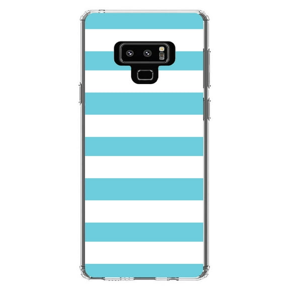 DistinctInk Clear Shockproof Hybrid Case for Samsung Galaxy Note 9 - TPU Bumper, Acrylic Back, Tempered Glass Screen Protector - Blue & White Bold Horizontal Stripes