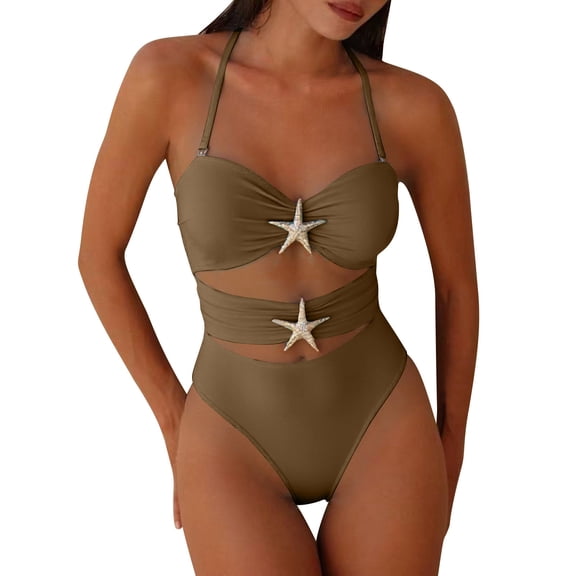 Ayolanni Tummy Control Girls Swimsuit Push-Up Cutout One-Piece Swimwear High Cut Halter Solid Backless Cheeky Bathing Suit Yellow L