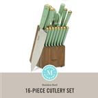 Martha Stewart 16 Piece Lockton High Carbon Stainless Steel Cutlery Kitchen Knife Block Set W/ABS Tripe Riveted Forged Handle Acacia Wood Block - Sage Green W/Gold