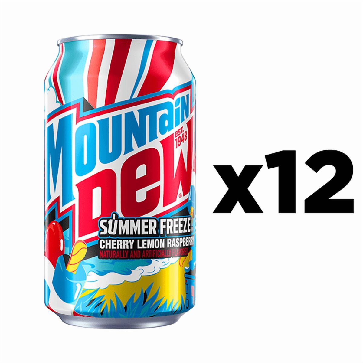 Mountain Dew Summer Freeze Soda, 12 fl oz Cans, 12 Pack – Limited Edition Red, White & Blue Flavor