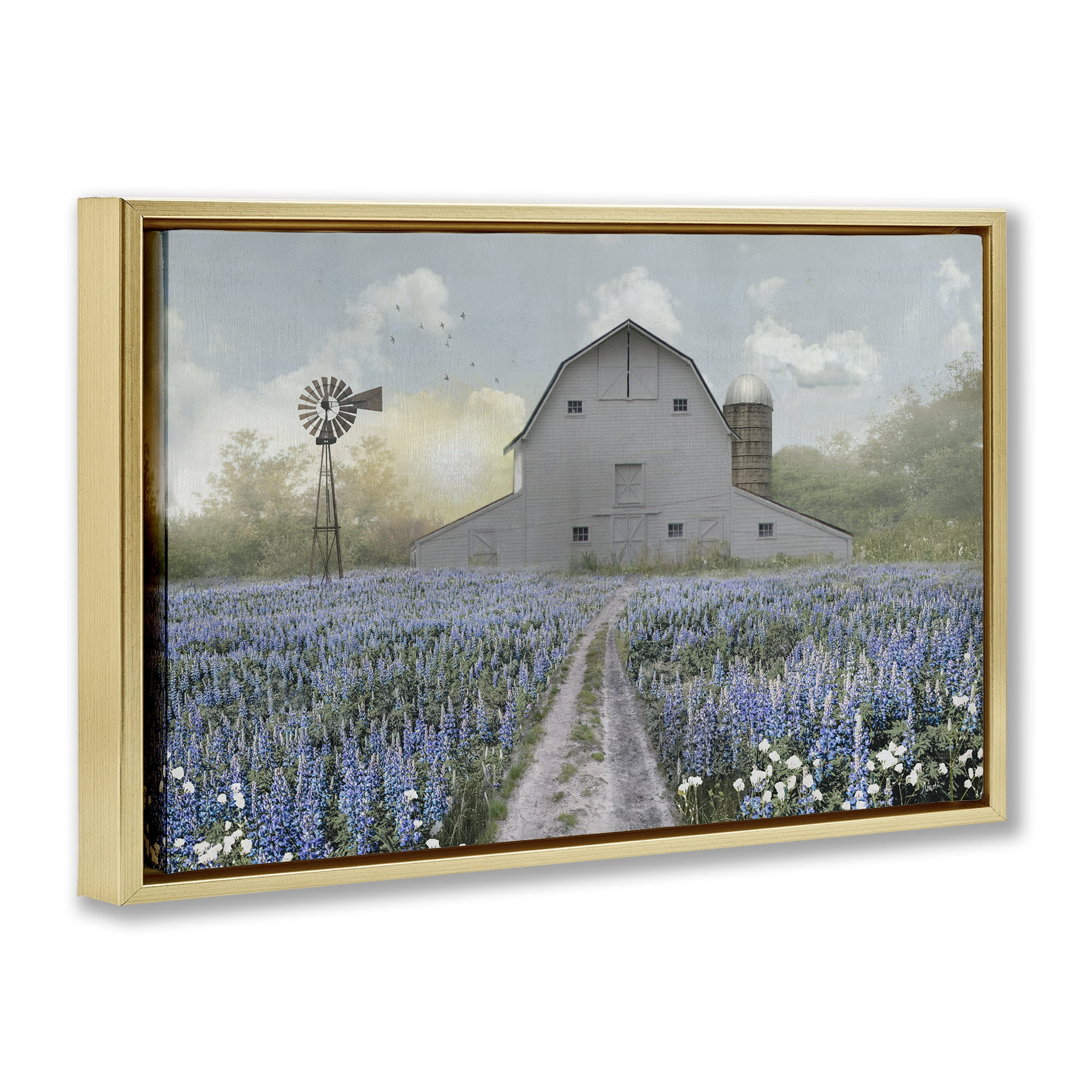 Stupell Industries Meadow of Blue Flowers & Barn Gold Framed Floater Canvas Wall Art, design by Nan