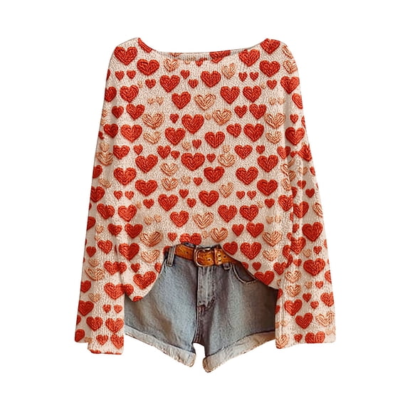 VISALY Valentines Womens Sweater Heart Sweater with Hearts Patterned Sweater Loose Sweaters Fall Tunic Top Fitted Pullover Sweater Winter Sweater Fall Sweater Soft Sweaters Pullover Sweater Orange L