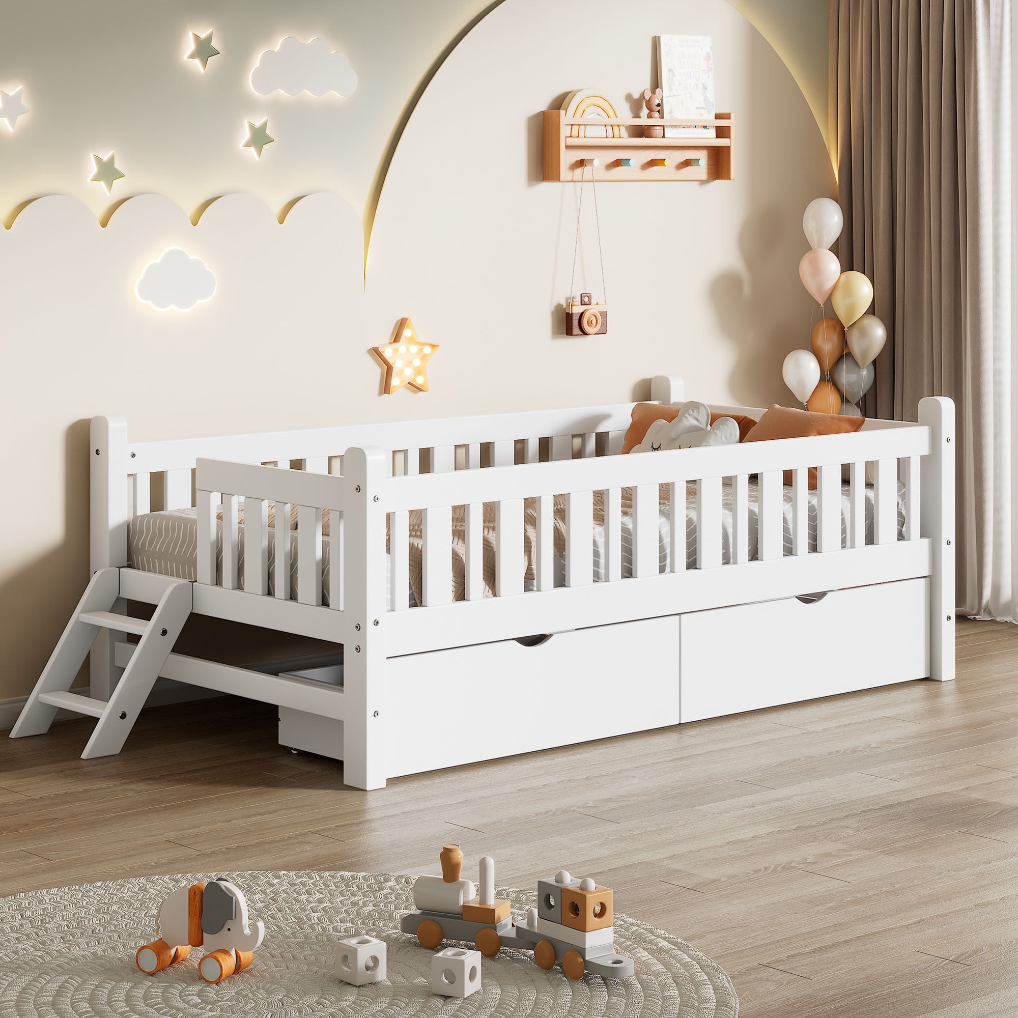 Euroco Wood Twin Size Platform Bed with 2 Drawers and Ladder for Kids and Toddlers, White