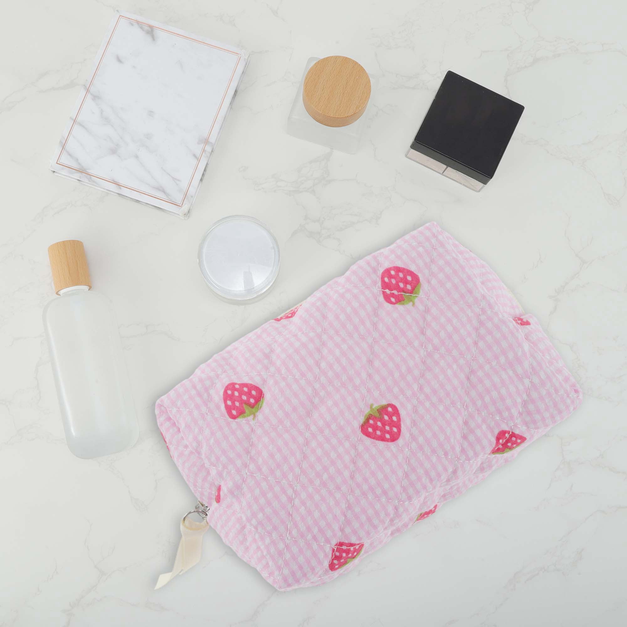 Unique Bargains 1 Pc Strawberry Makeup Bag Pink [Quilted Stripe Strawberry Square]