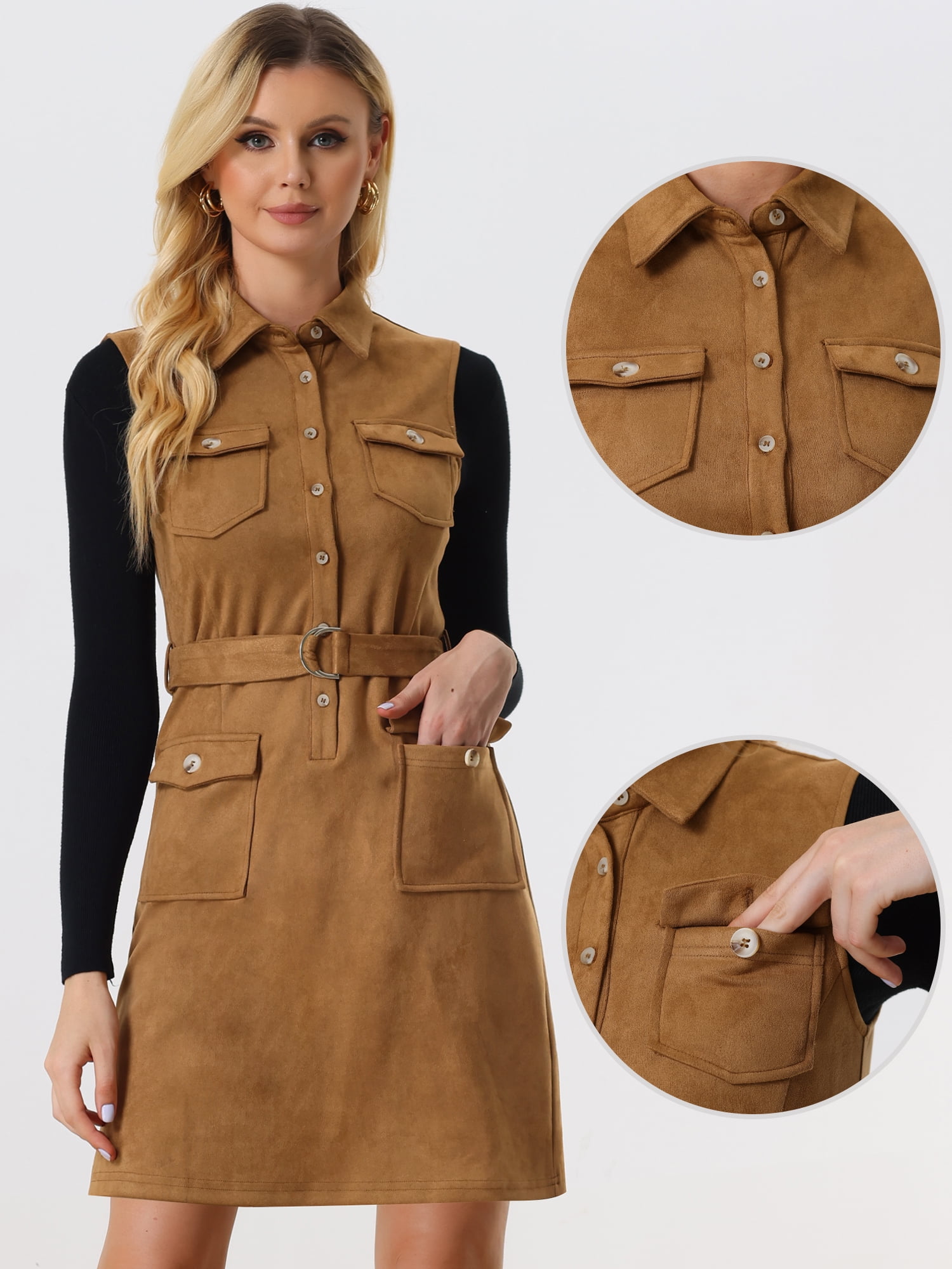 DARING DIVA Faux Suede Turn Down Collar Tie Waist Button Down Mini Dress XS Brown