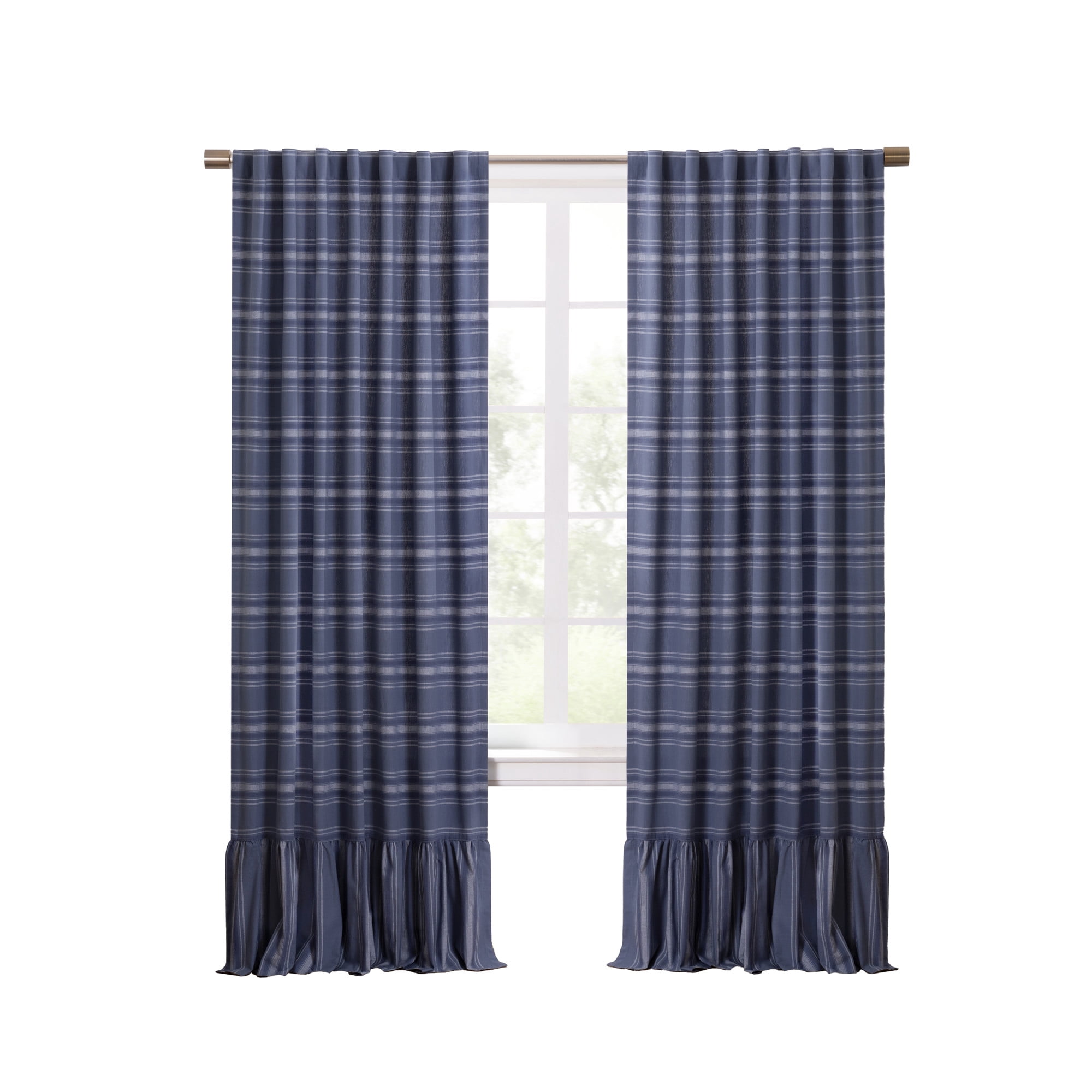 Martha Stewart Ruffle Stripe Curtain Panel Pair Poseidon Blue, Pole Top, Light Filtering, Indoor, Adult, 2 Piece Set, 50" x 84"