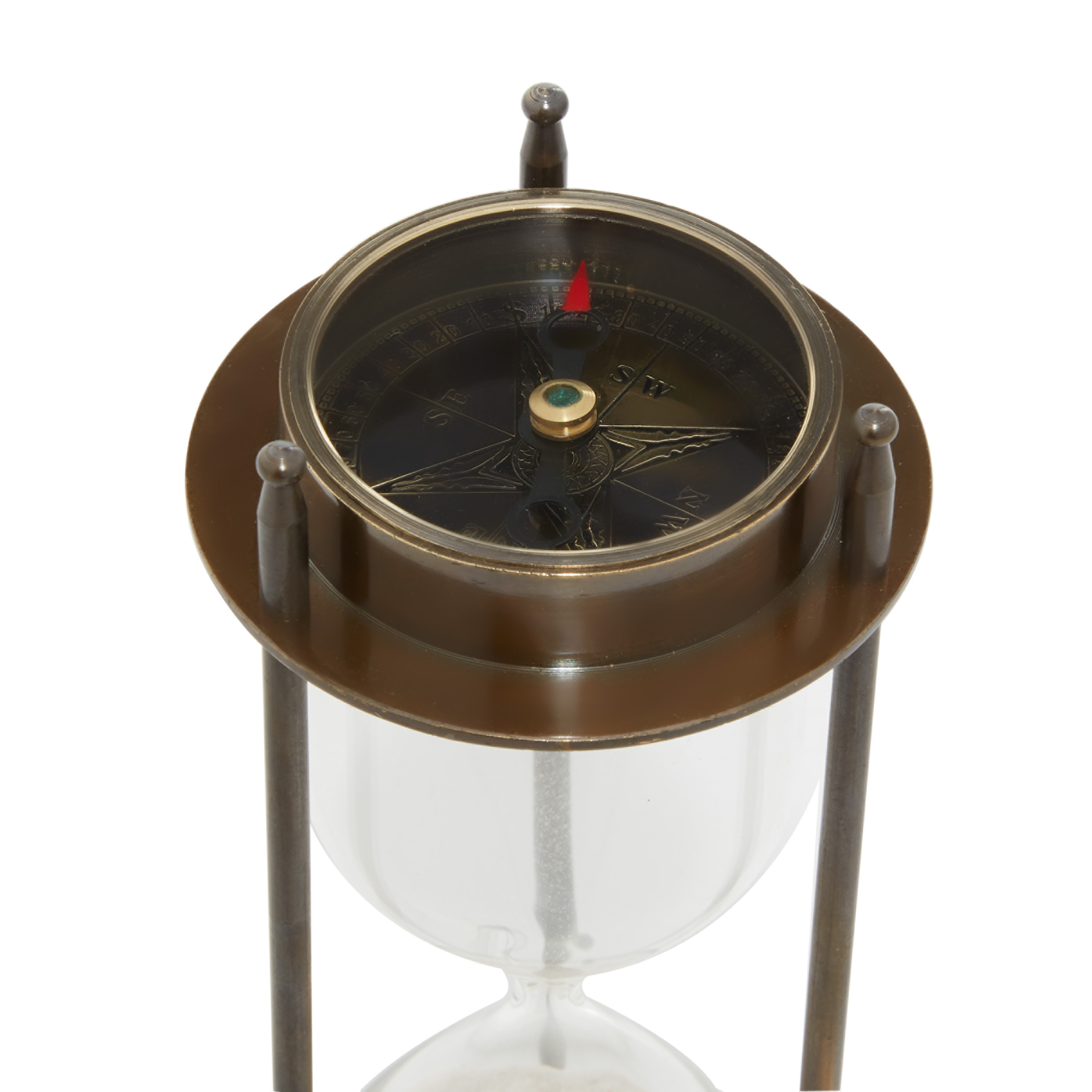 DecMode 3" x 7" Brown Brass Hourglass Sand Timer with Compass Top, 1-Piece