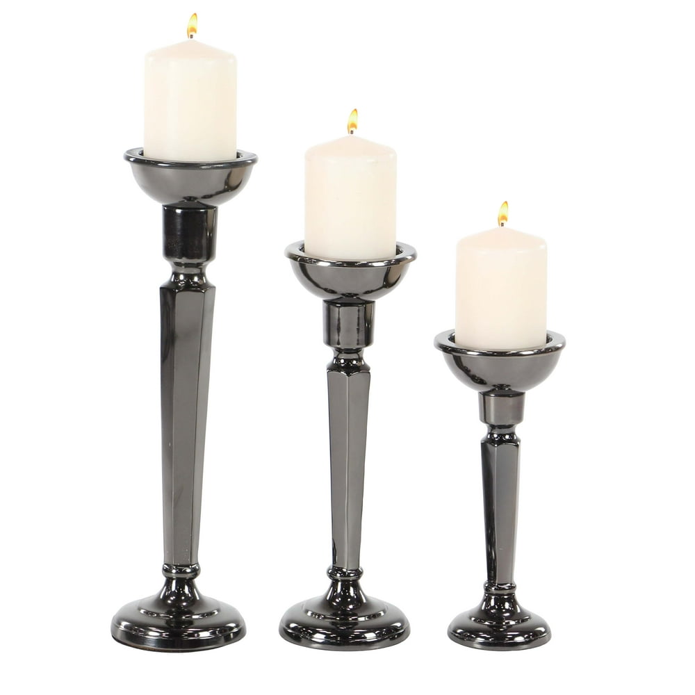 Decmode Set of 3 Modern Aluminum Tapered and Faceted Black Candle