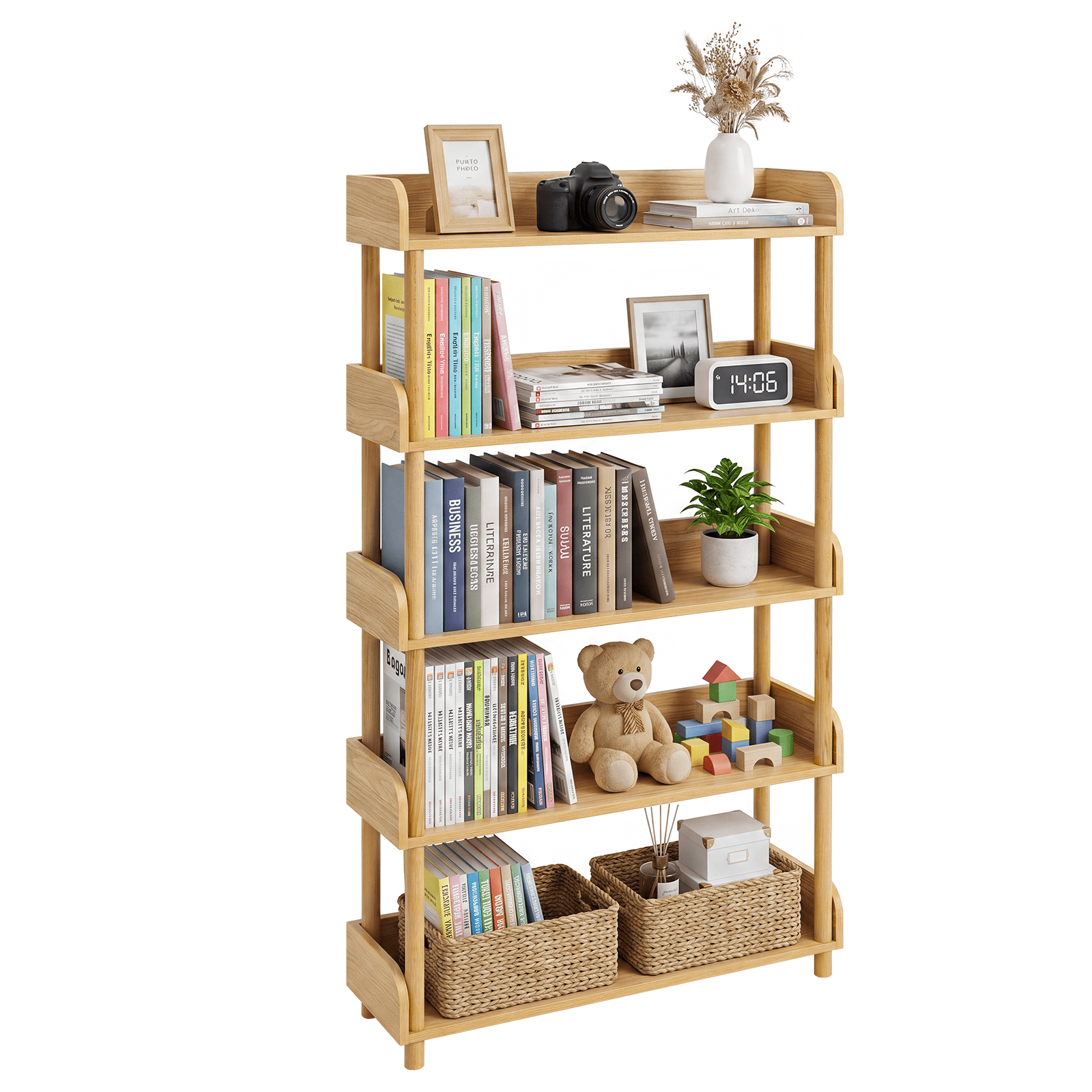 GARITIN 5 Tier Wood Bookshelf, Freestanding Display Shelf with Open Storage Shelves and Solid Wood Legs for Home Office Living Room, Wood