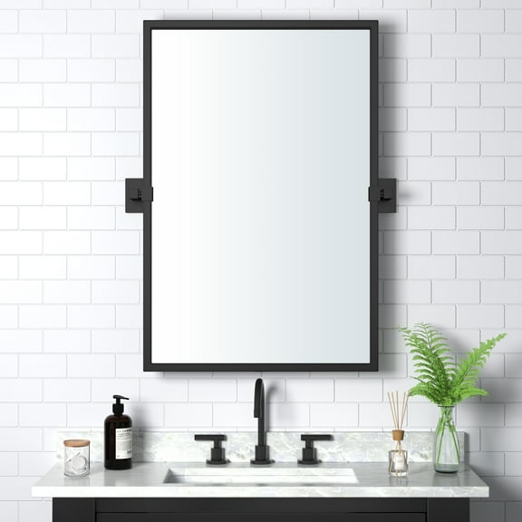 Matte Black Pivot Bathroom Mirror for Wall 19.69 x 27.56 Inch Rectangular Slanted Bevel Vanity Mirror for Wall, Sink, Vertical Hanging