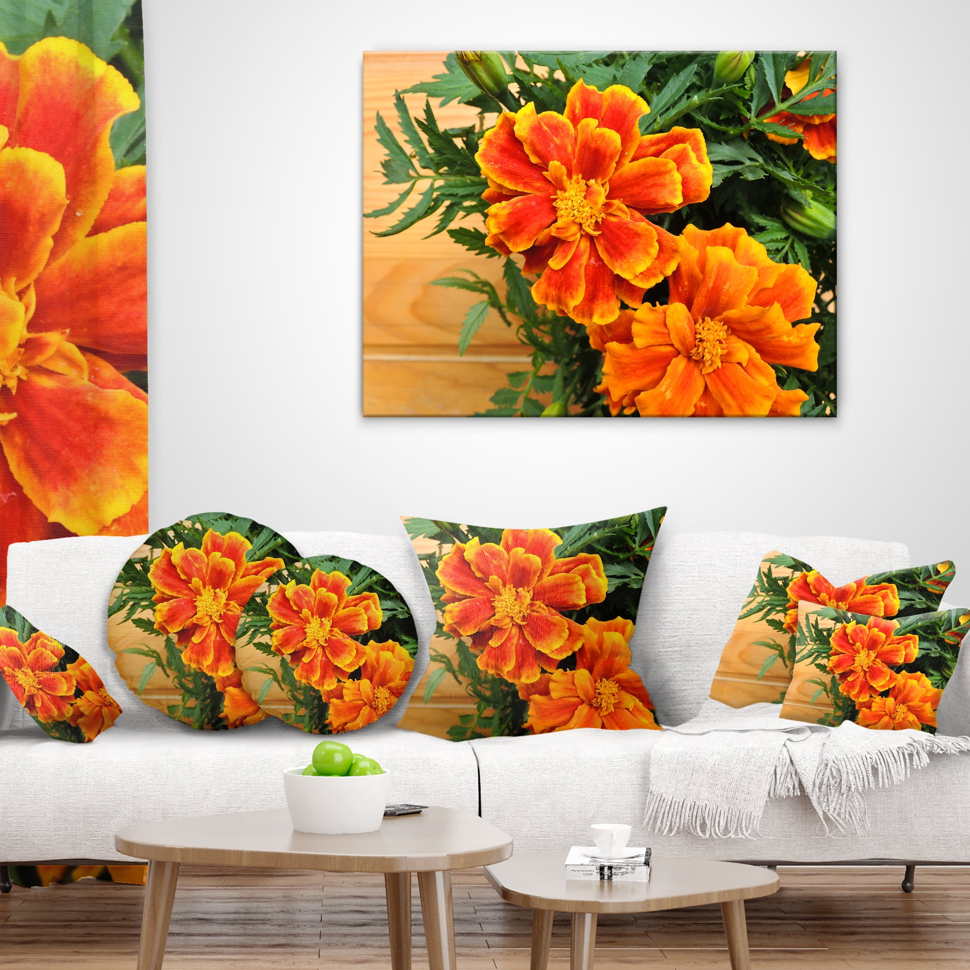 Designart Marigold Flower on Wooden Background - Floral Throw Pillow - 16x16