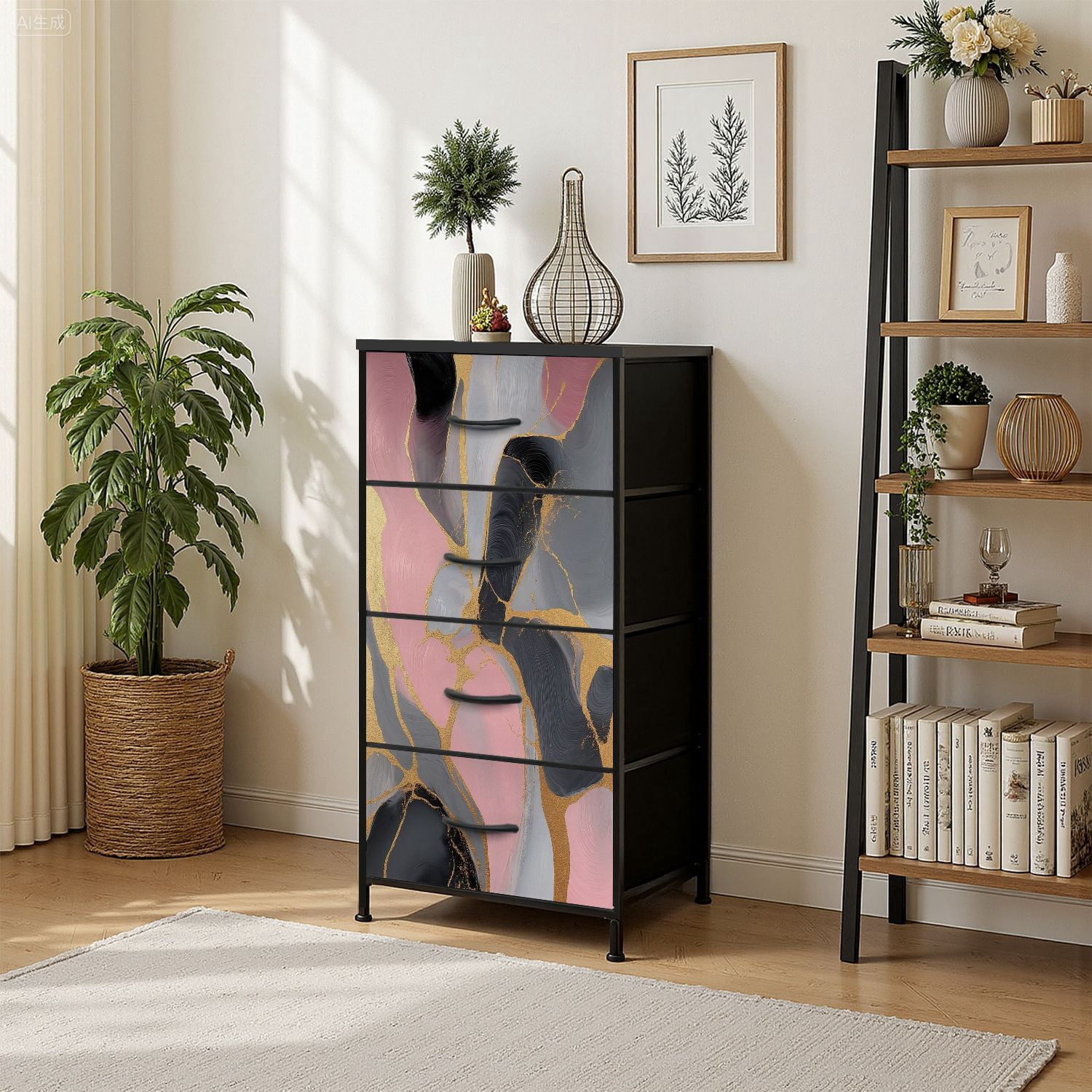 Kanworse 4 Drawer Fabric Dresser for Bedroom Abstract Stains Blue Rose Gold Chests of Drawers for Closet Organizers Storage