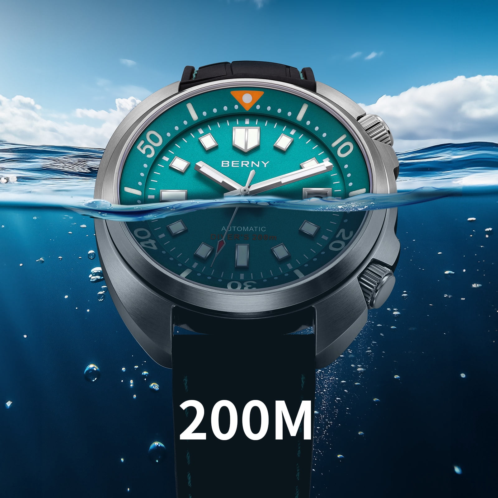 BERNY Automatic Dive Watches for Men, Sport 200M Waterproof Analog Mechanical Watch with Date Display, Super Luminous, Silicone Strap, Sapphire Crystal, Fashion Men's Diver Watch (Mint Green)