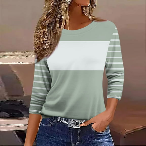 Ounisa Womens 3/4 Sleeve T Shirt Crew Neck Striped Color Block Loose Fit Casual Daily Wear Comfortable Trendy Tops S-2XL
