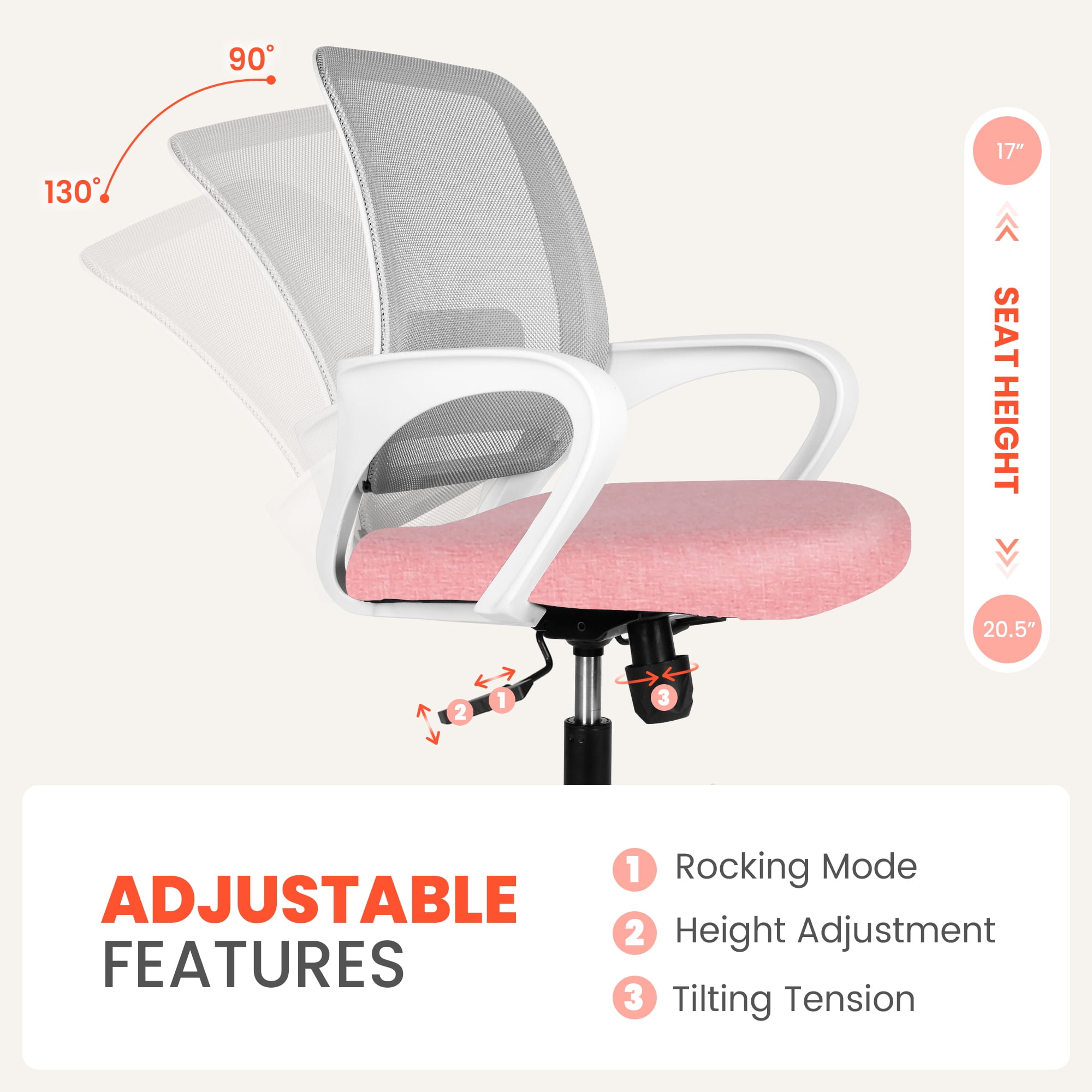 NEO CHAIR Ergonomic Office Chair, Lumbar Support Mid Back, Mesh Home Office Computer Desk Chair with Armrests, Pastel Pink
