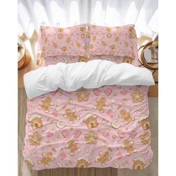 Christmas Bedding Duvet Cover Set Twin Size 4 Pieces Pink Gingerbread Man Cookie House Candy Cane Snow Bedding Set with Zipper Closure, 1 Comforter Cover 68x86 Inches 1 Flat Sheet & 2 Pillow Cases