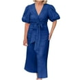 thumbnail image 2 of Sakmal Solid Summer Dresses Puff Sleeve Blue Short Sleeve Comfort Fit Maxi Shirt Dress, 2 of 7