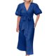 thumbnail image 2 of Puntoco Vestido De Manga Corta Con Cuello En V, Verano De Mujer De Color Sólido Suelto Casual Con Cordones Mangas Abullonadas Azul S, 2 of 7