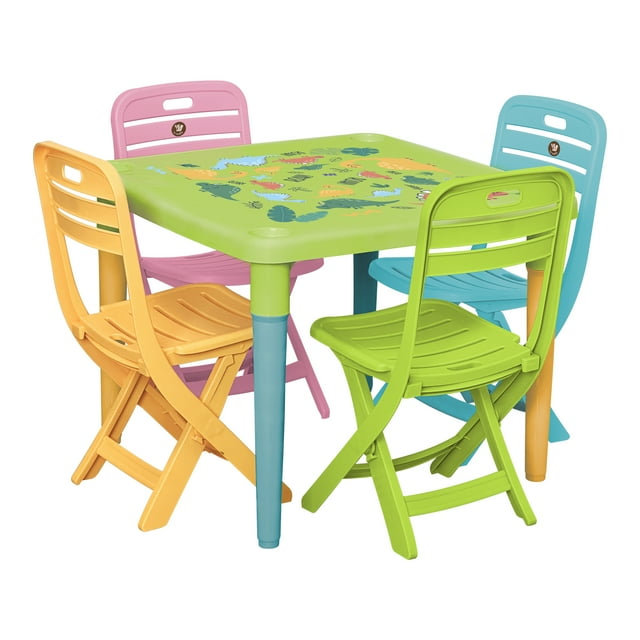 Mesa Y 4 Sillas Infantil Bambino Para Comer, Dibujar Y Jugar (Verde Dinosaurios)