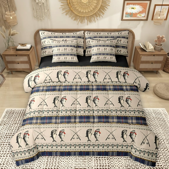 Homewish Bass Big Fish 7-Piece Twin Bedding Sets,Hunting And Fishing Bedding Comforter Set,Rustic Farmhouse Cabin Sheet Sets For Boys Kids,Super Cozy Room Decor Reversible
