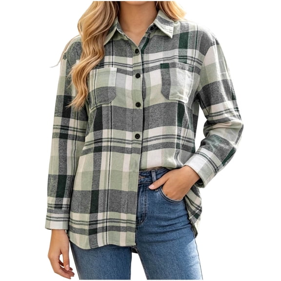 Enjoytime Plaid Button Down Shirts for Women Flannel Long Sleeve Shackets Fall Fashion Work Business Casual Jacket with Pocket