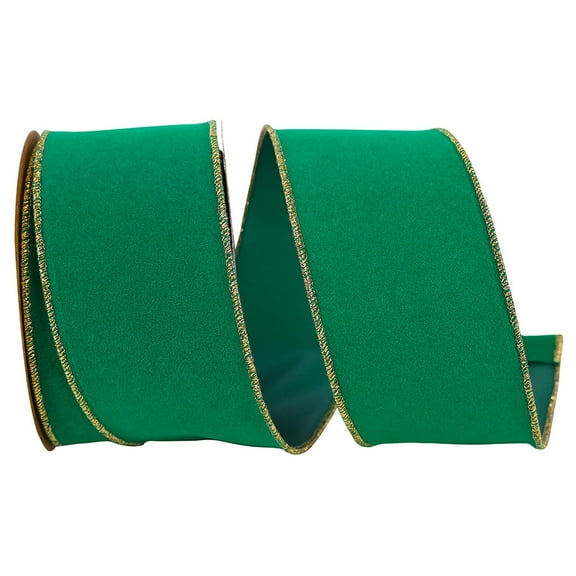 Christmas Velvet Domestic Outdoor Gold Edge Wired Ribbon, 2-1/2-Inch, 10-Yard - Holiday Green
