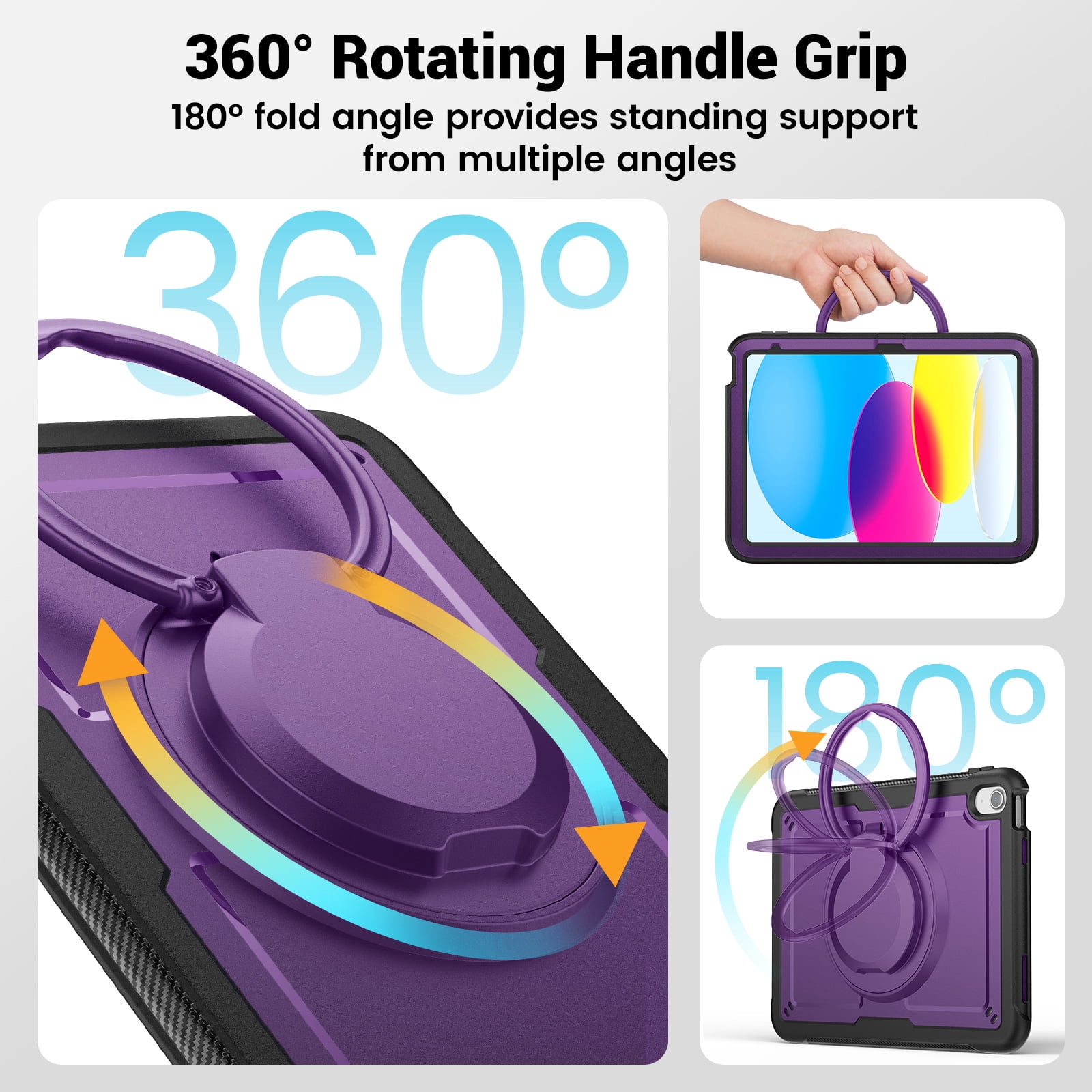 Shockproof Case for Apple iPad 11th 10th Generation 2025 2022, Rugged Hybrid Protective Cover with Pencil Holder & Shoulder Strap Kids Friendly Rotating Stand Case for iPad 11th 10th Gen, Purple