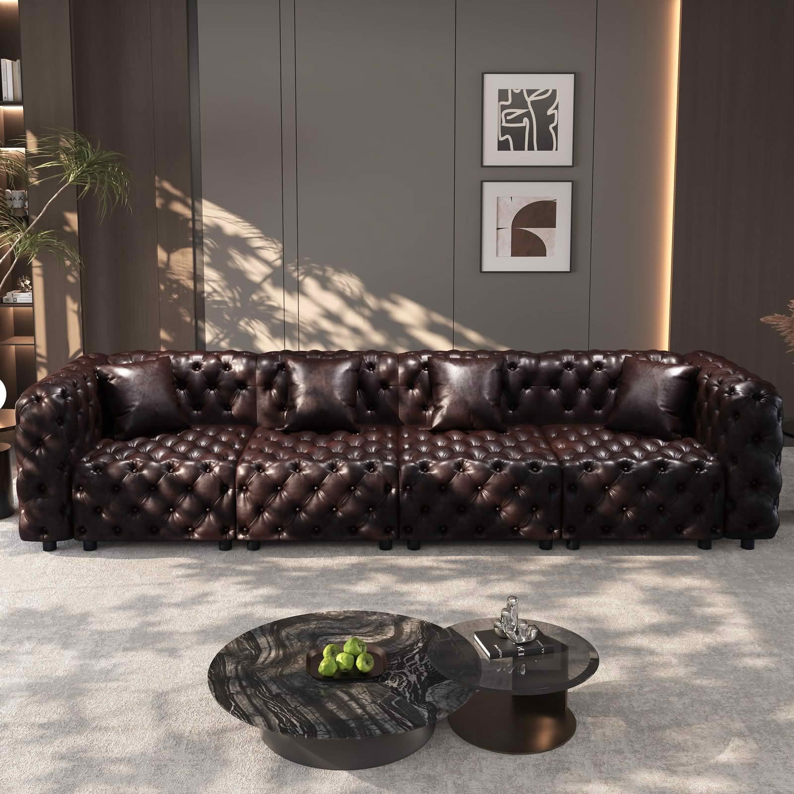 MAYEERTY 134.4" 4‑Seat Faux‑Leather Modular Sofa, Handcrafted Button Tufted Couch with 4 Pillows for Living Room & Small Apartment