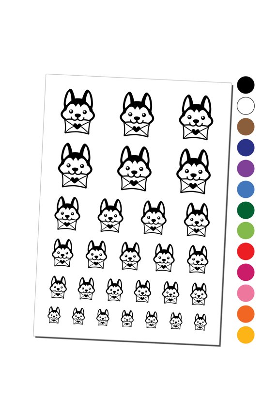 Chibi Husky Dog Holding Mail Envelope Water Resistant Temporary Tattoo Set Fake Body Art Collection - Orange