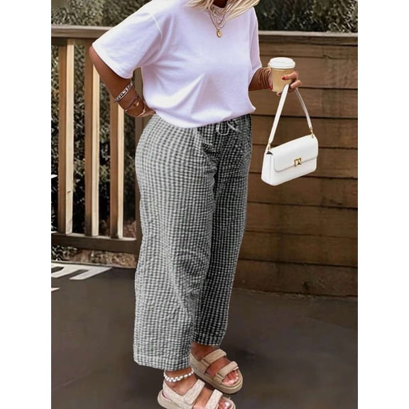 Wide Leg Long Pants for Women Gingham Drawstring Elastic Waist Trousers