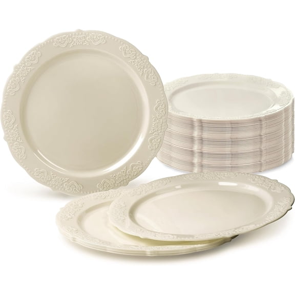 120 Plates Pack, Vintage Style, Disposable Wedding Party Plastic Plates (10.25'' Dinner Plate, Portofino Ivory)