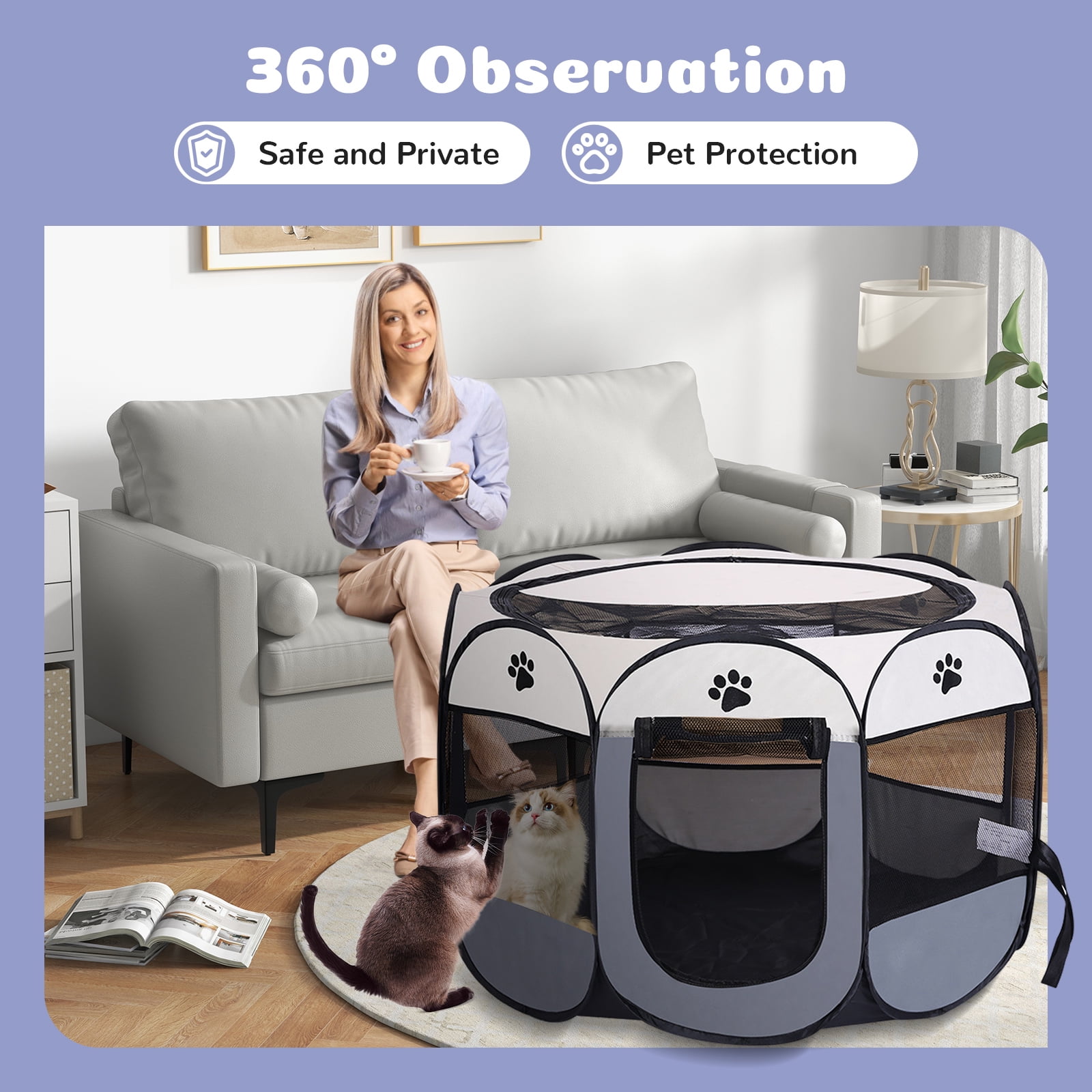 Luxvie Extra Large Pet Playpen Dog Cat Playpen Puppy Playpen Indooor Cat Cage Dog Fence, 45" Diameter 23" Height Cat Tent Playpen for Indoor Dog Pen for Cat Puppy Rabbit, Beige & Gray
