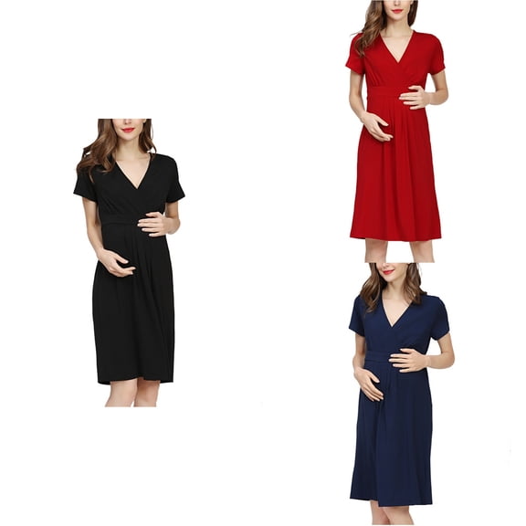 Loopsun Summer Dresses for Women, Maternity Dress, Women's Plus Size Solid V Neck Short Sleeve Loose Casual Nursing Maternity Dress Black, XL