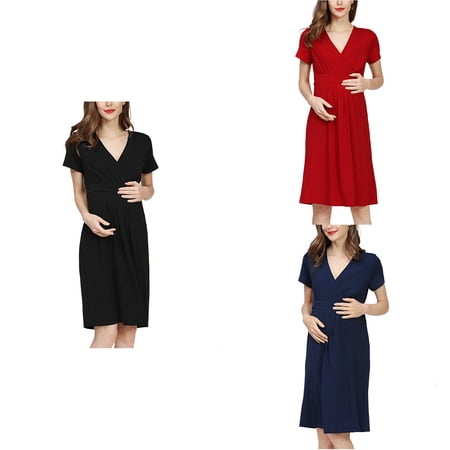 Loopsun Summer Dresses for Women Maternity Dress Women s Plus Size Solid V Neck Short Sleeve Loose Casual Nursing Maternity Dress Red XXXL