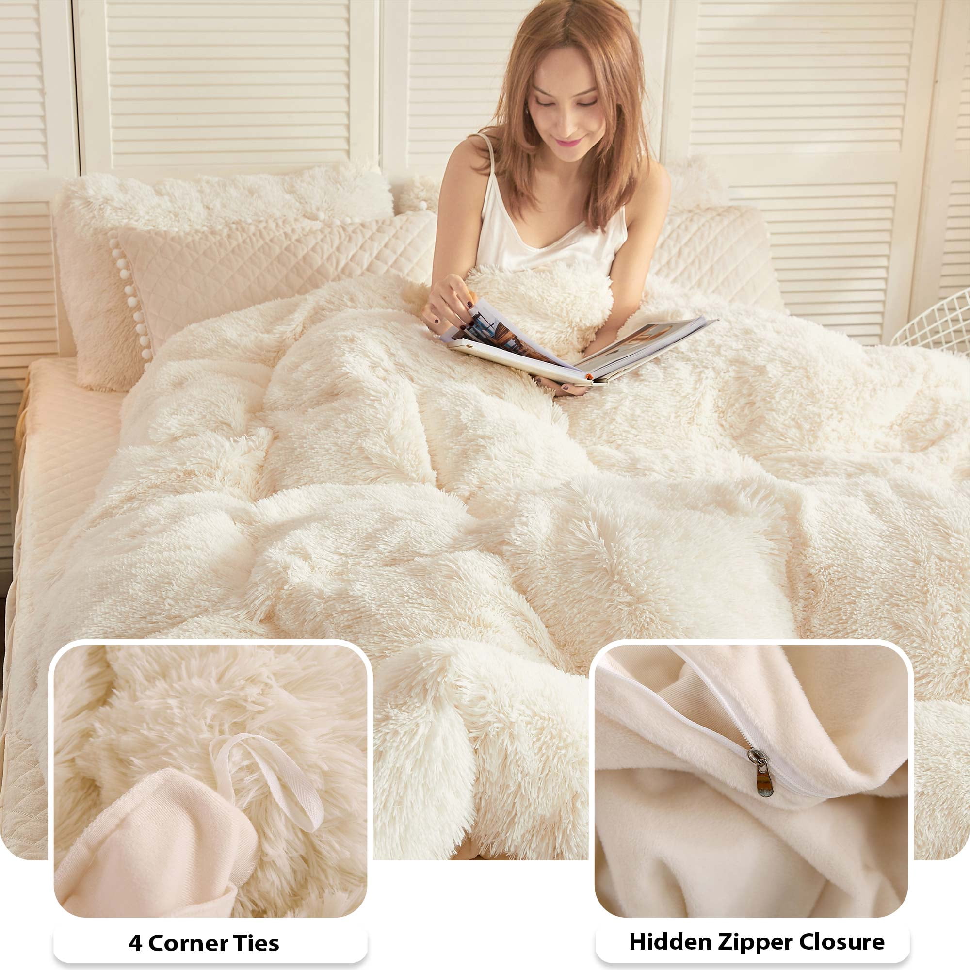 LIFEREVO 3 Pieces Luxury Plush Shaggy Faux Fur Duvet Cover Set(1 Fluffy Fuzzy Comforter Cover + 2 Pompoms Fringe Quilted Pillow Covers) Furry Bedding Set, Zipper Closure, Queen Size, Beige