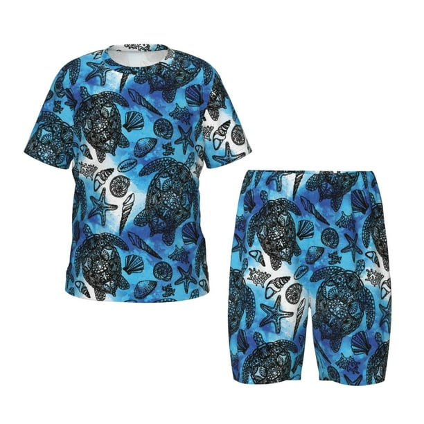 Fotbe Turtle,Shell Algae Starfish Coral Pijama Estampada de 2 Piezas para Niños – Ropa de Dormir de Manga Corta Cómoda para Niños y Niñas, Camiseta y Shorts de Algodón-X-Large