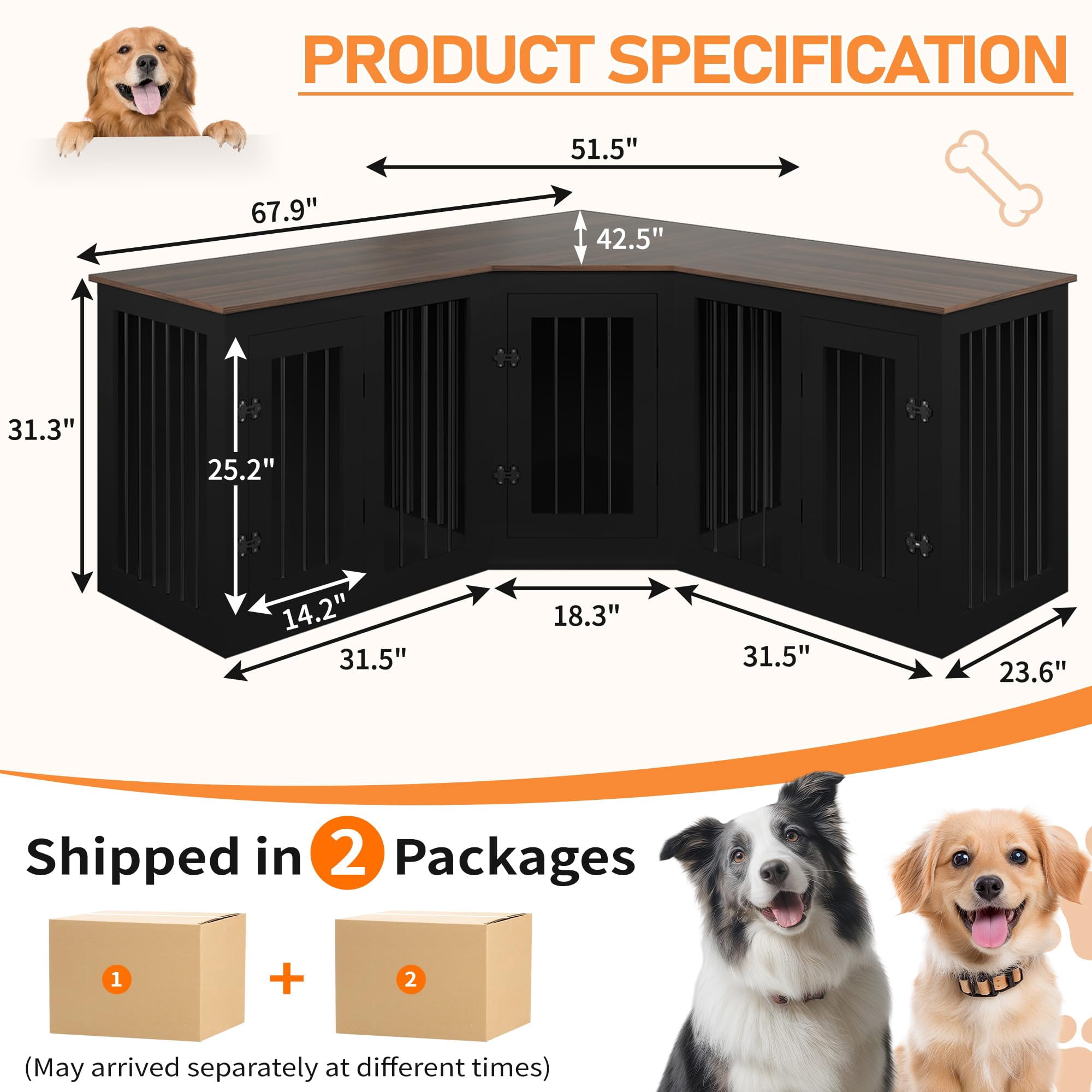 Large Dog Crate Furniture for 3 Dogs, Corner Dog Crate with Divider, 3 in 1 Heavy Duty Indoor Wooden Dog Kennel Furniture