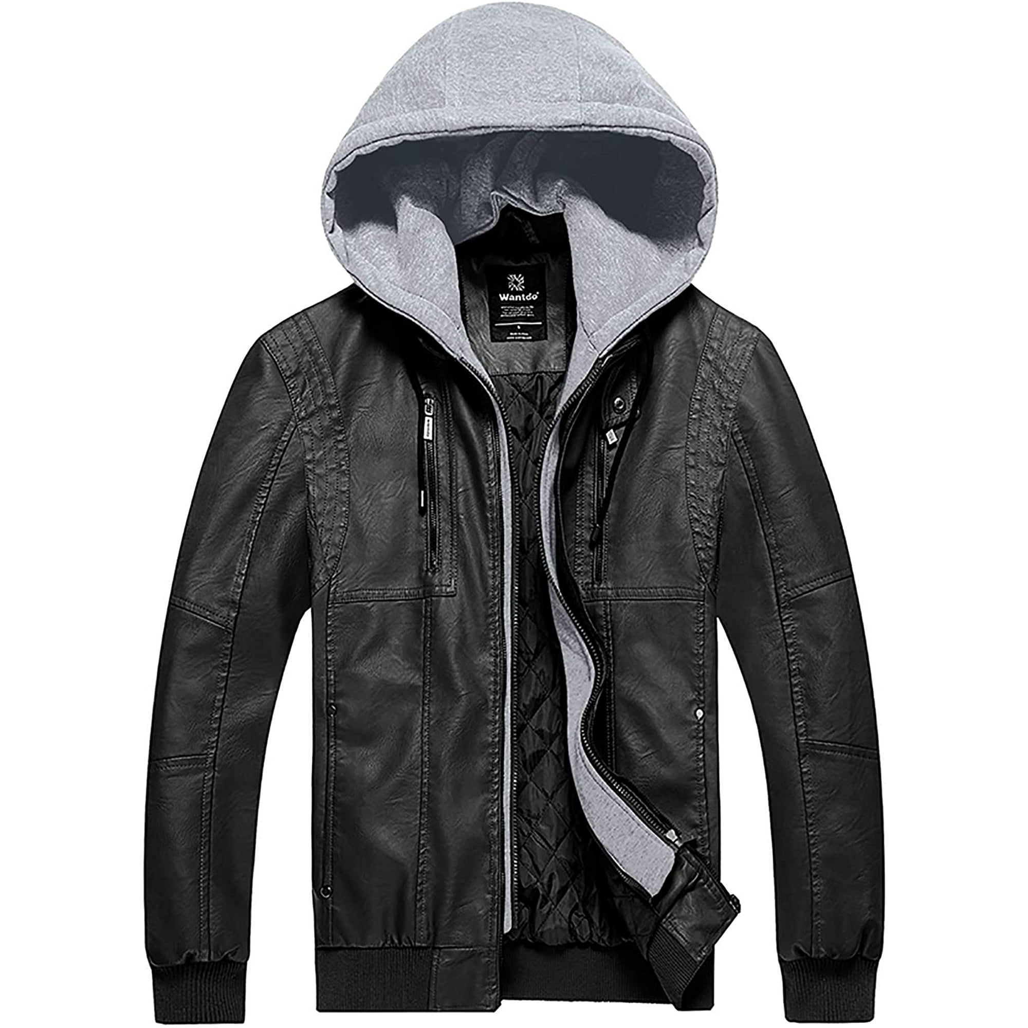 Men's Faux Leather Jacket With Removable Hood