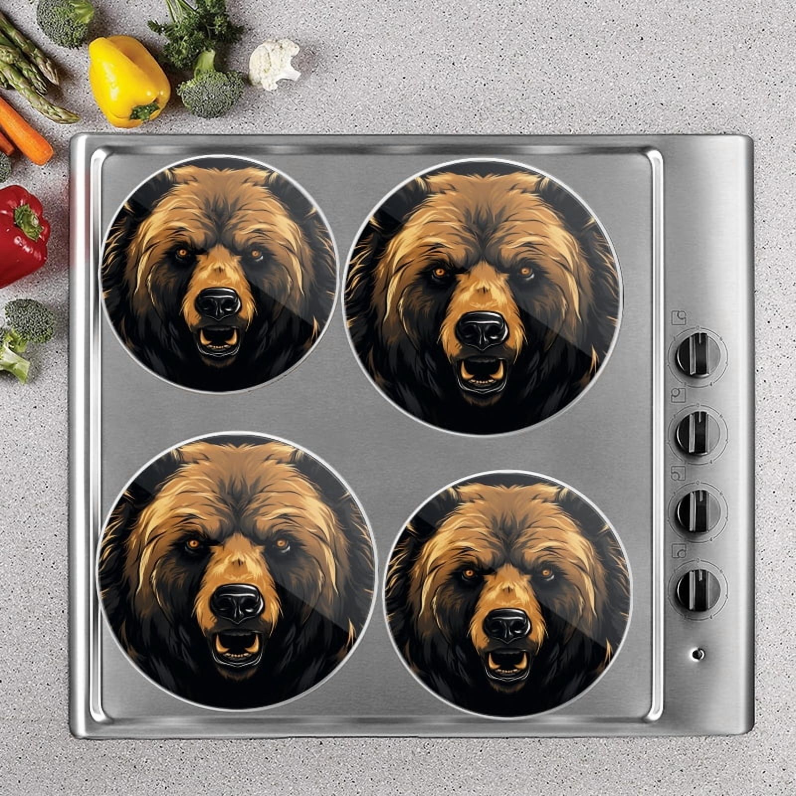 Bahomeck Electric Stove Burner Covers Set Of 4,Brown Bear Head With Angry Eyes Metal Gas Stove Burner Covers,Protecting Gas Stoves,8 Inch And 10 Inch