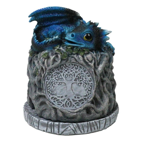 Blue Wyrmling Dragon Sleeping On Tree Of Life Stump Cone Incense Burner Figurine