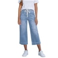 thumbnail image 2 of ASDFVBKG Women's Wide Leg Baggy Jeans Cropped Trendy Capri Jeans Stretch Denim Pull on Raw Hem Summer Denim Trouser Royal Blue M, 2 of 4