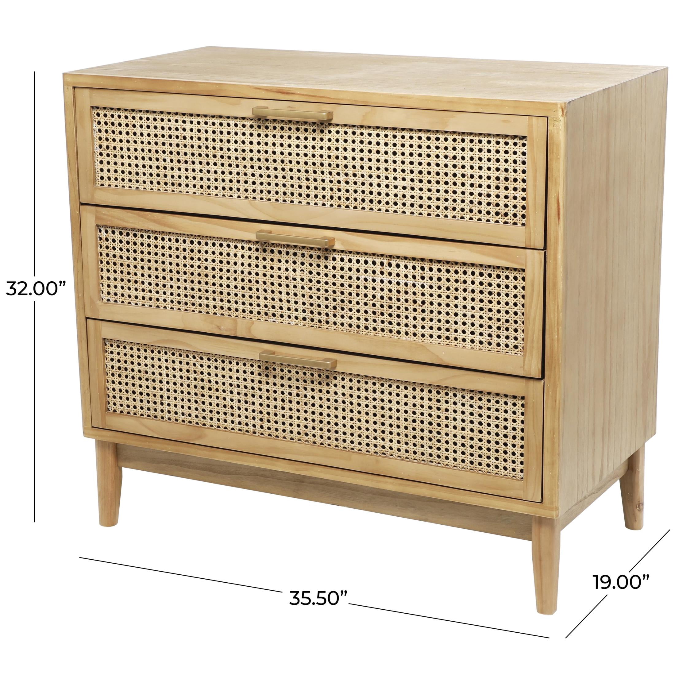 DecMode 36" x 32" Light Brown Wood 3 Drawer Chest with Beige Rattan Drawers and Gold Handles, 1-Piece