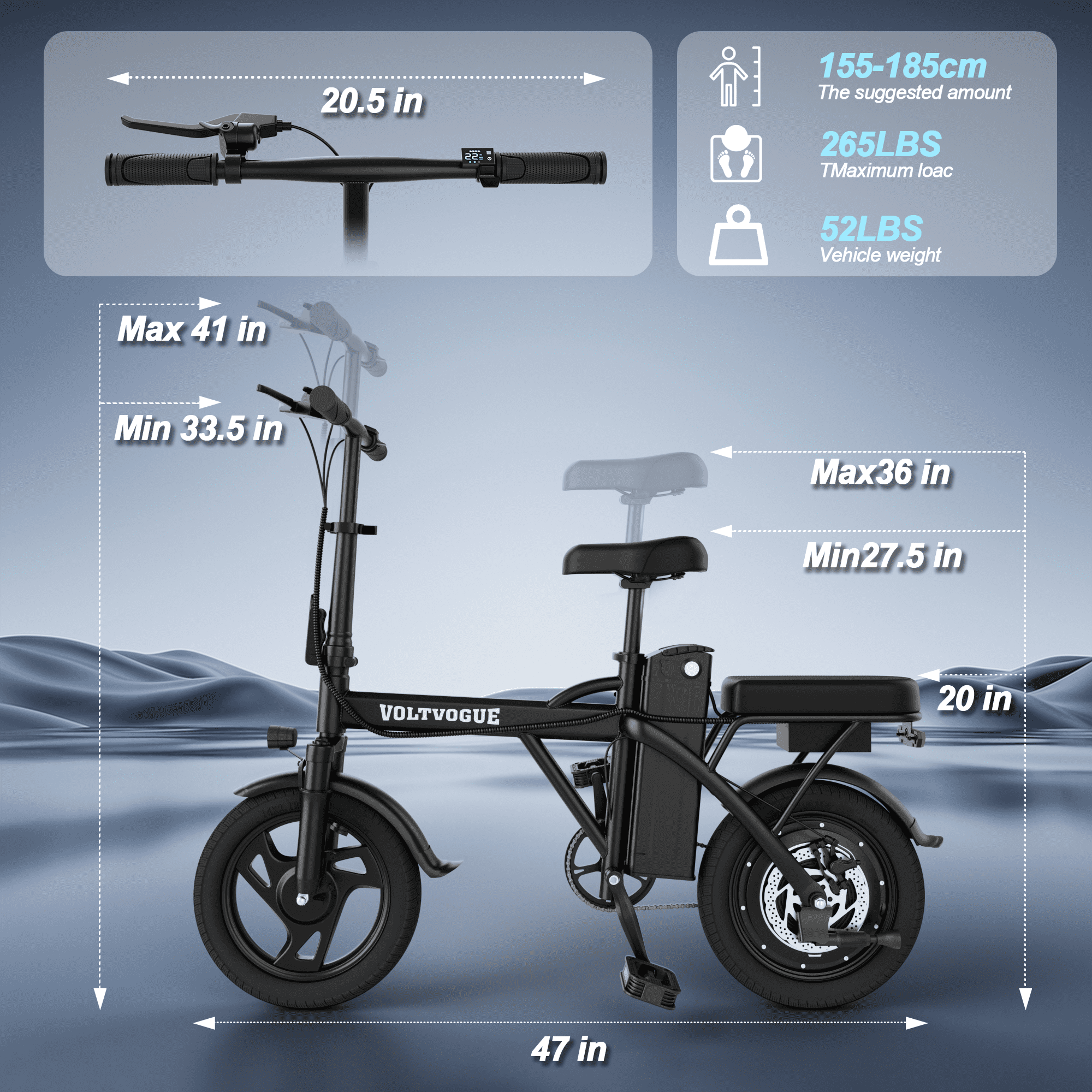 VOLTVOGUE VV-14 Adult Electric Bike, 14" Fat Tire Ebike, 500W Motor, 48V 9Ah 432Wh Battery, Speeds Up to 22 MPH, Dual Brakes, Front Suspension, UL 2849 Certified, Recommended Age 16+