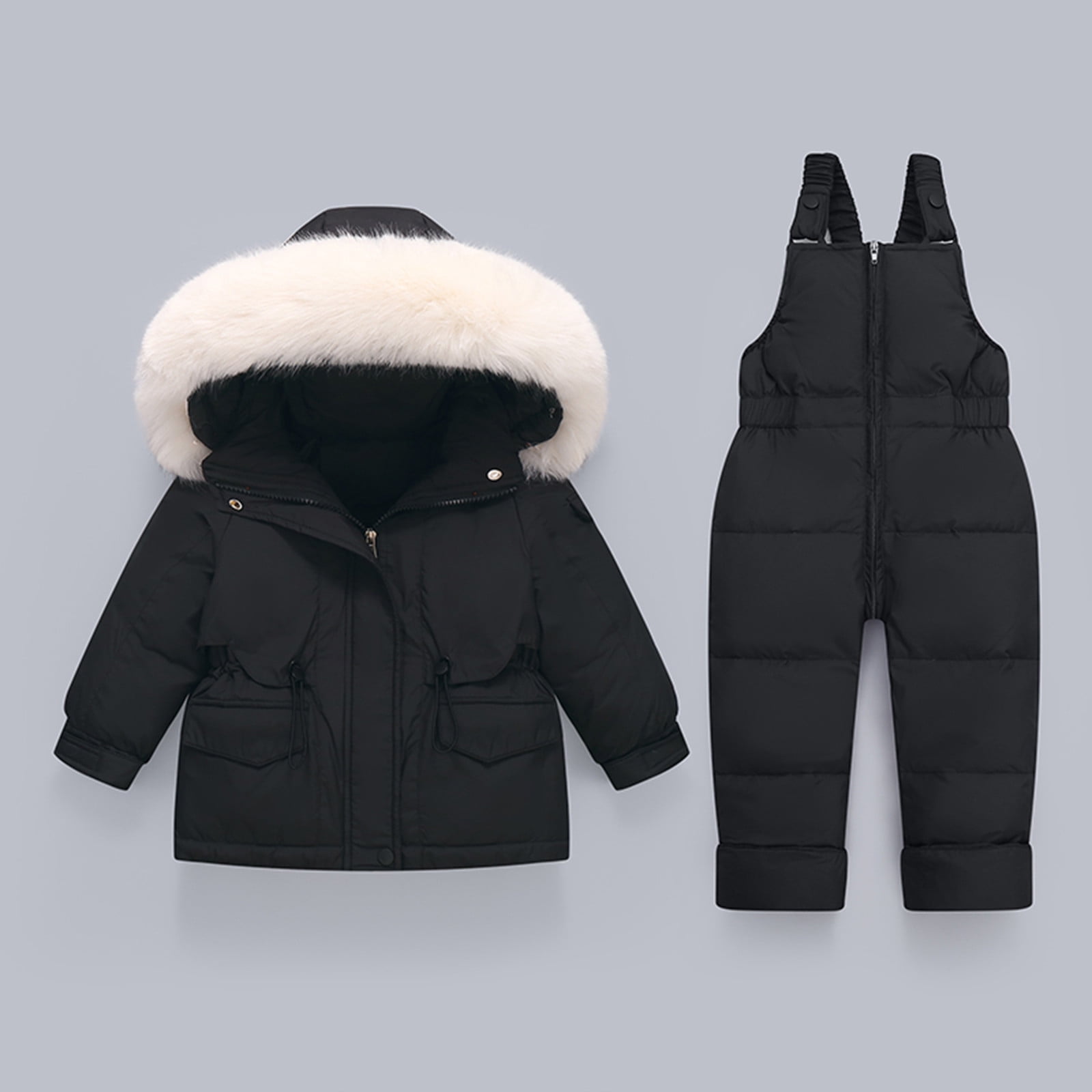 Jinhomg Unisex Baby Winter Snowsuit 2 Piece Toddler Warm Suits 2025 Trendy Windproof Faux Fur Trim Hooded Puffer Coat with Snow Bib Pants Sets Summer Saving Black 2 Years